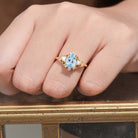 Unique floral engagement rings Pear Lab Aquamarine and Moissanite side stones Leaf Ring 18K Yellow Gold Engagement Ring
