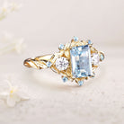 Unique floral engagement rings Lab Aquamarine Leaf 18K Yellow Gold Engagement Ring Promise Ring