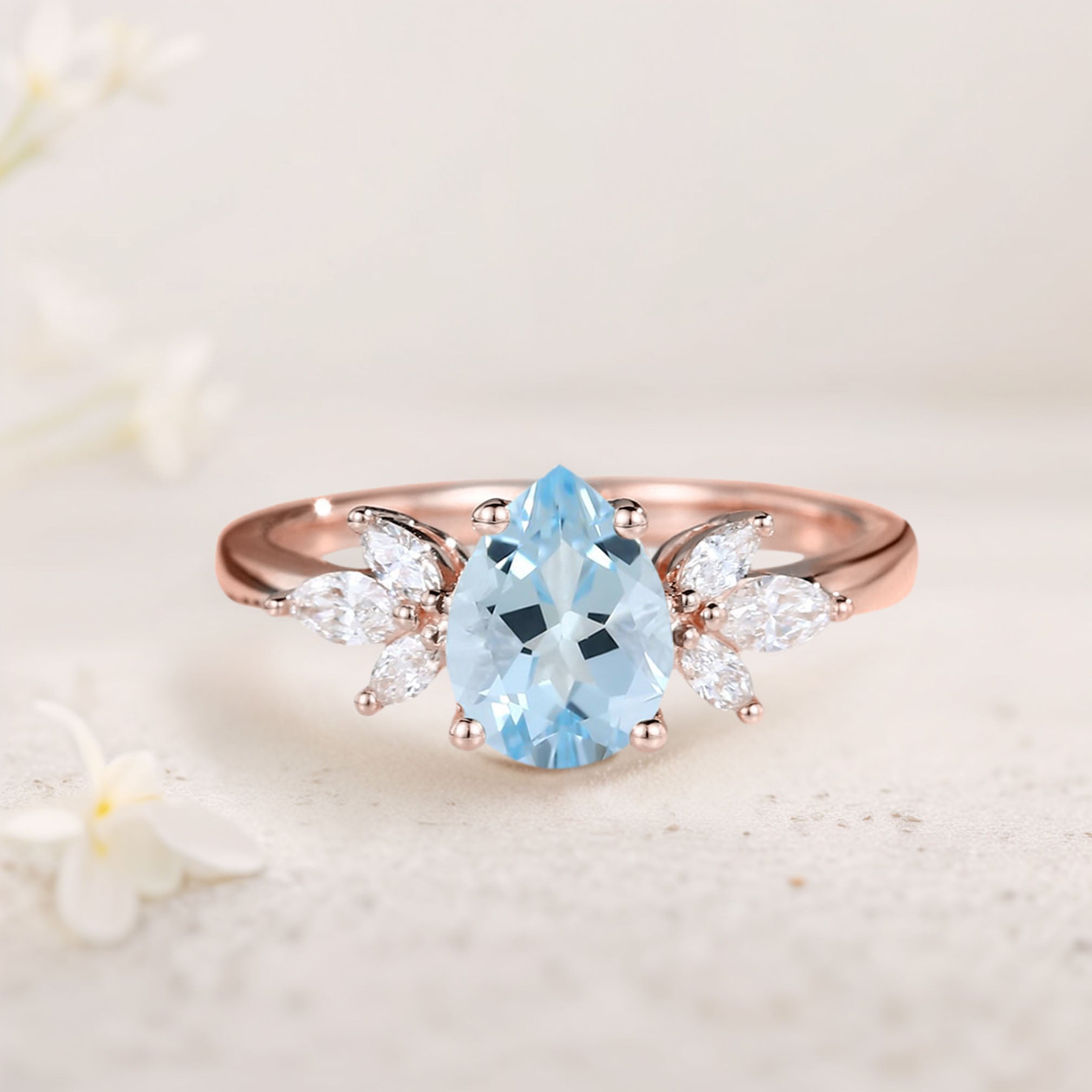 Unique Pear Lab Aquamarine 18K Rose Gold Engagement Ring Simple Cluster Bridal Ring