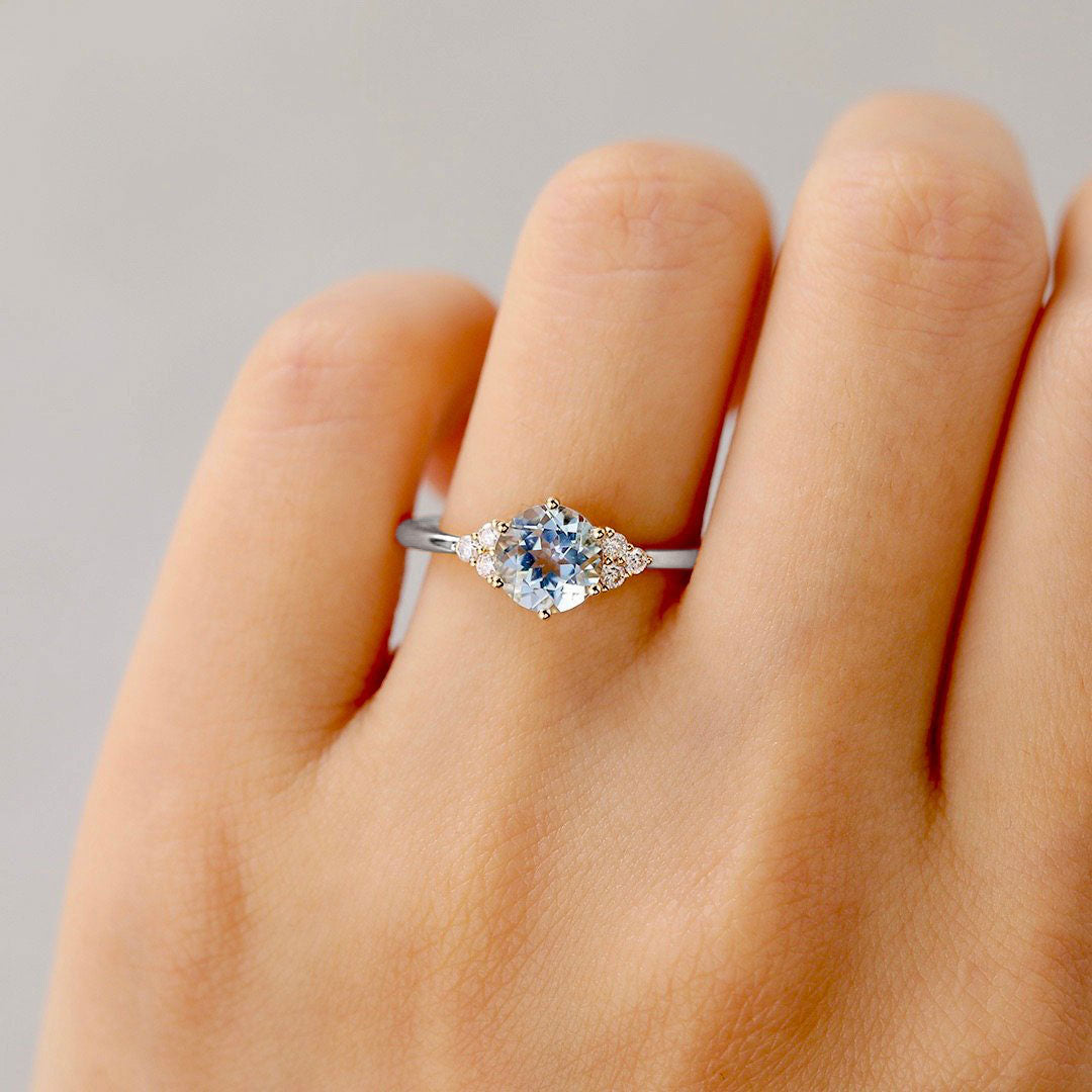 Unique Round Lab Aquamarine 18K White Gold Engagement Rings Cluster Promise Ring