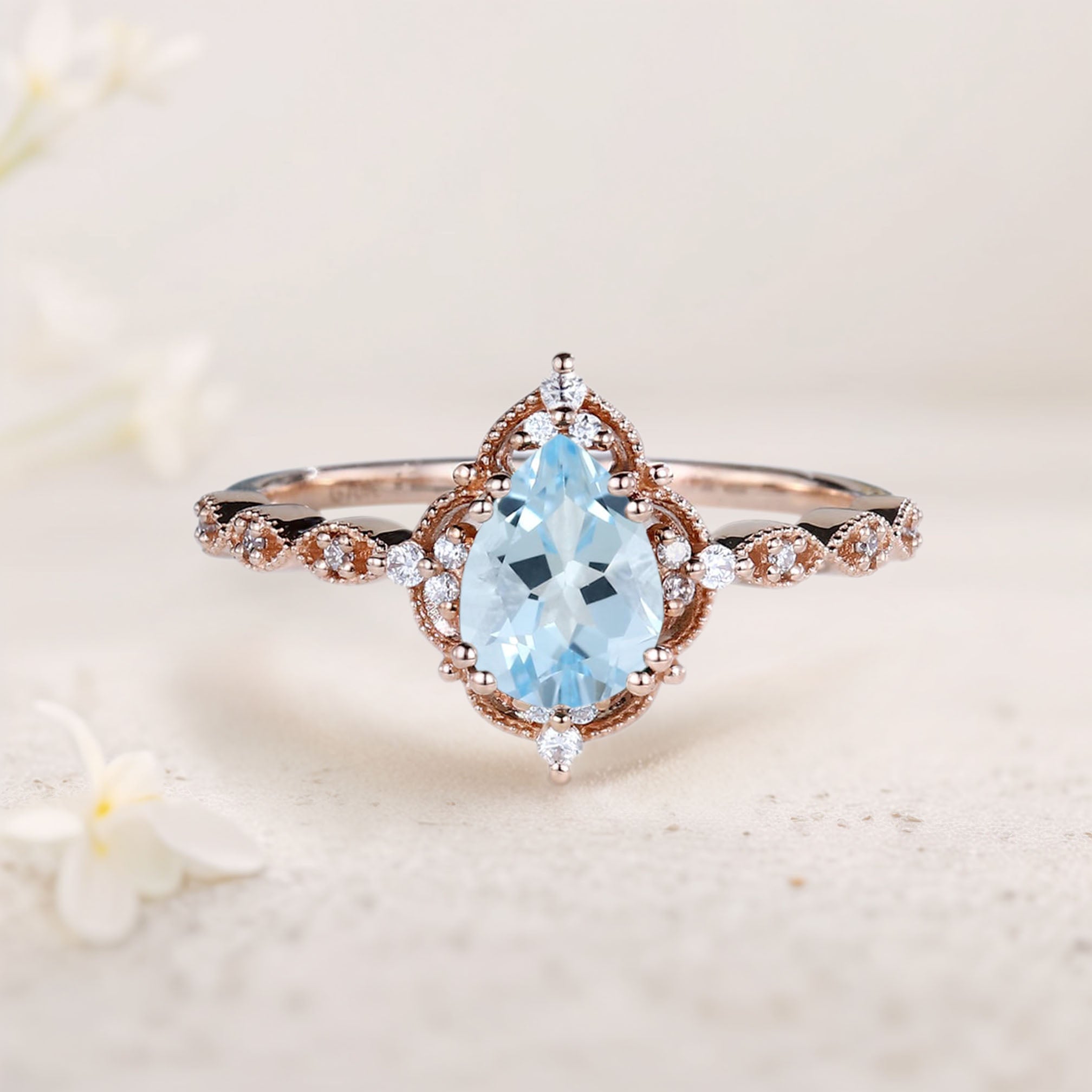 Vintage Pear Lab Aquamarine 18K Rose Gold Engagement Ring Bridal Ring