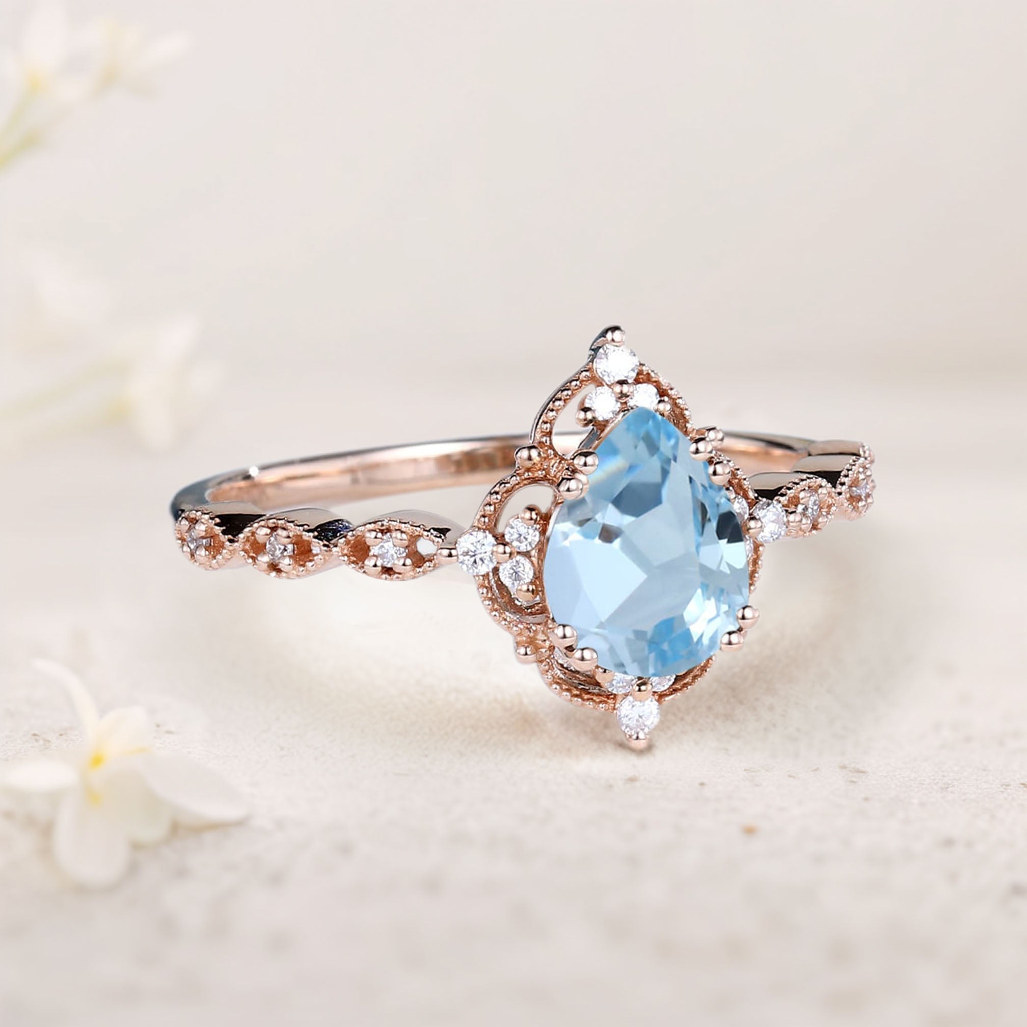 Vintage Pear Lab Aquamarine 18K Rose Gold Engagement Ring Bridal Ring