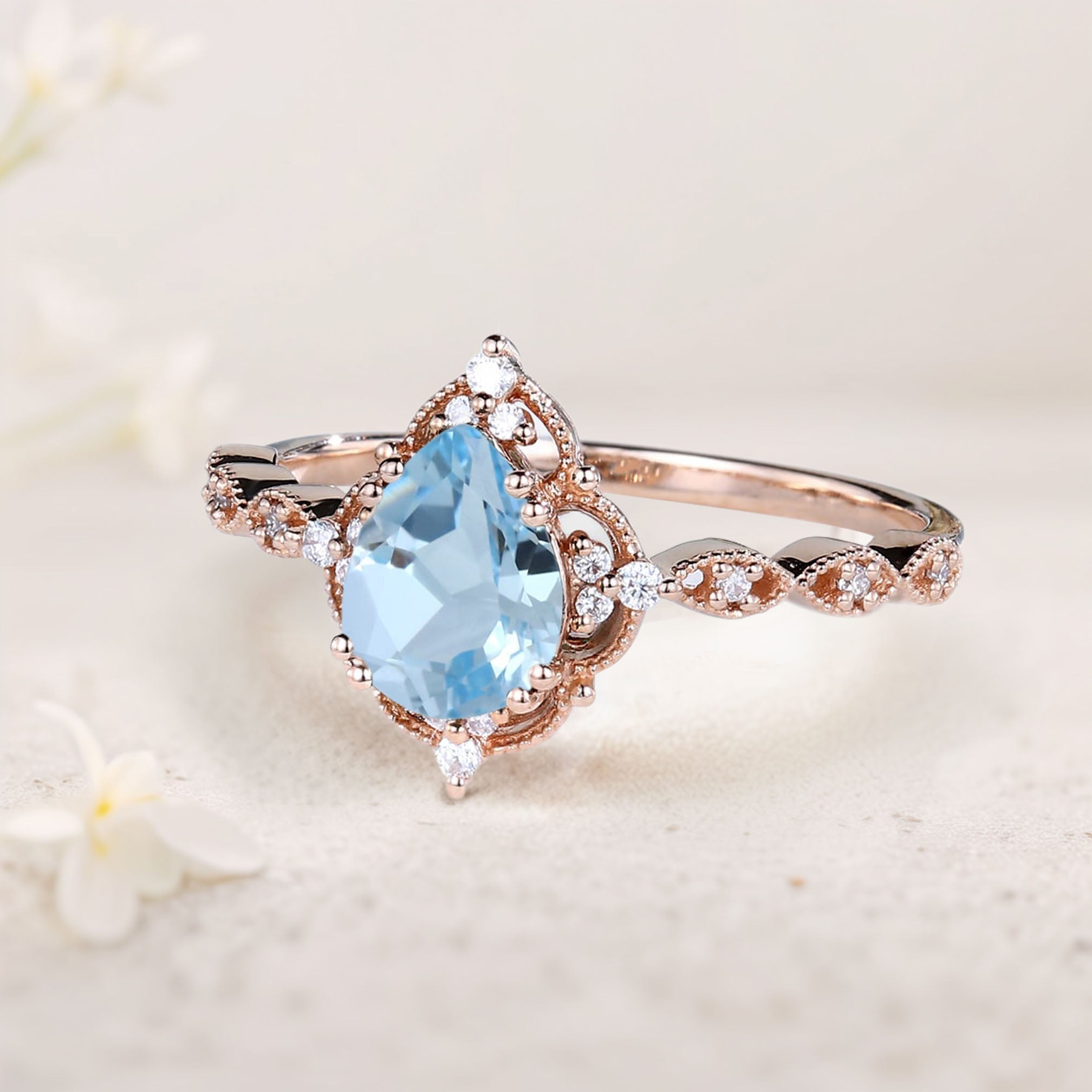 Vintage Pear Lab Aquamarine 18K Rose Gold Engagement Ring Bridal Ring