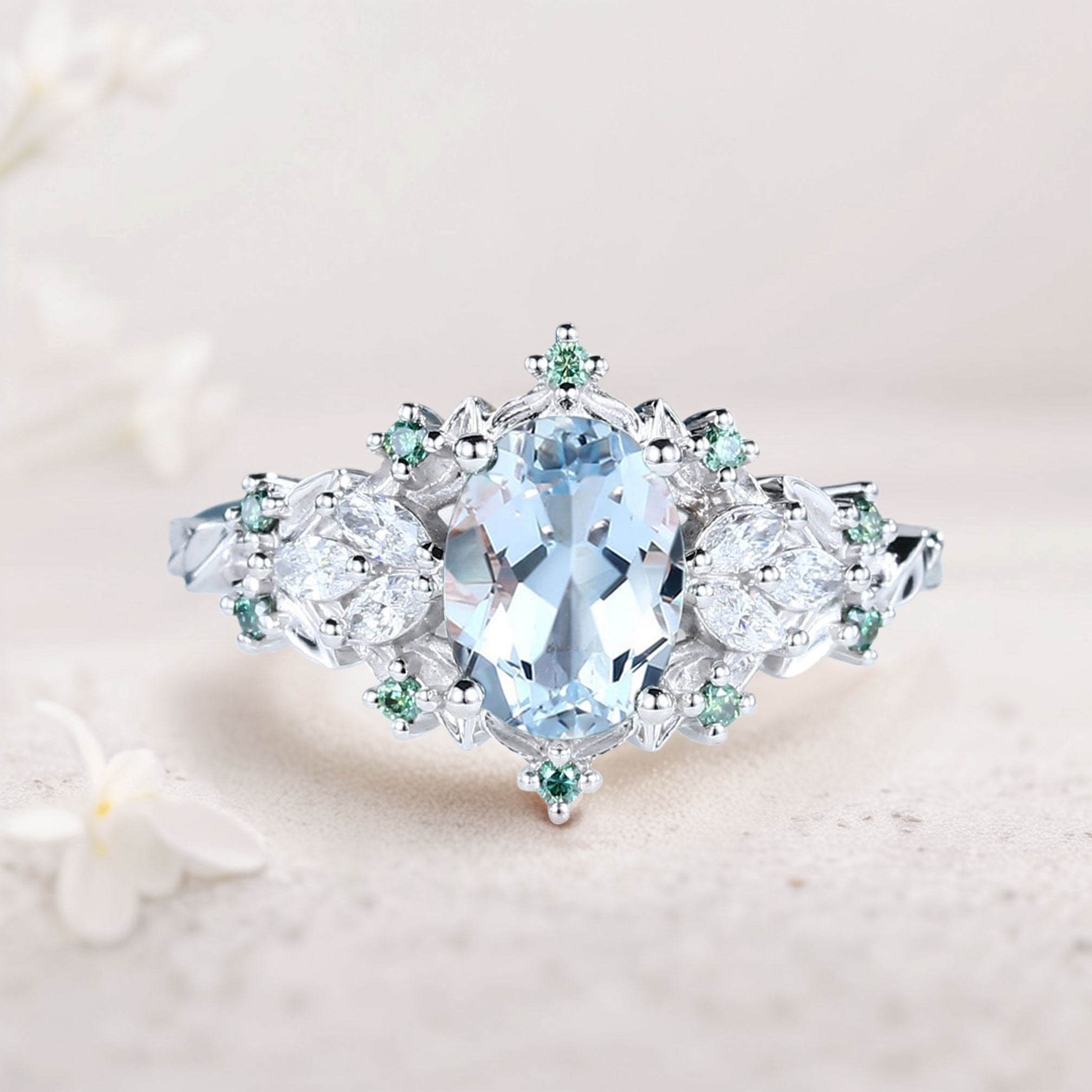 Unique Starlight Oval Lab Aquamarine 18K White Gold Engagement Ring