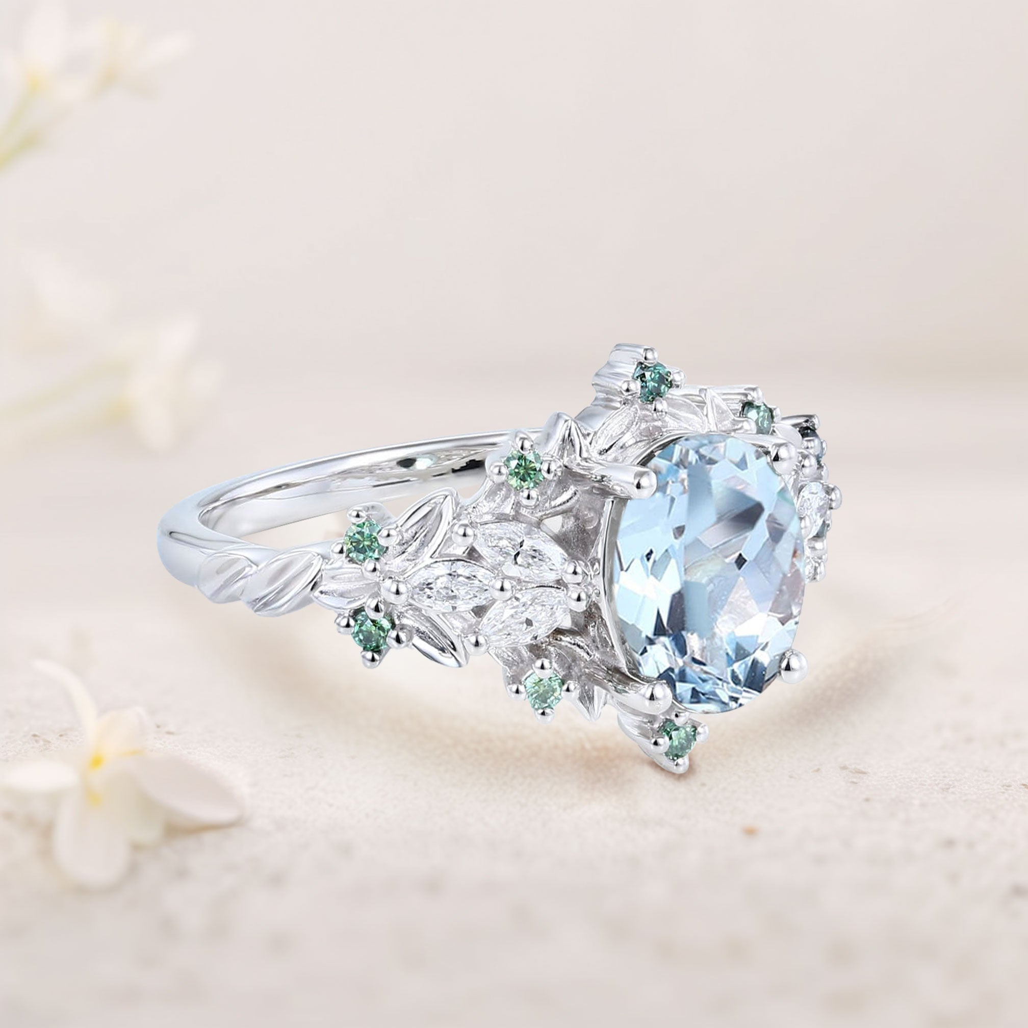 Unique Starlight Oval Lab Aquamarine 18K White Gold Engagement Ring
