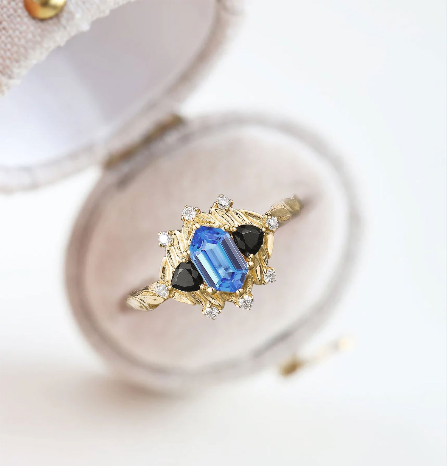 Unique Long Hexagon Lab Sapphire and Black Onyx Leaf 18K Yellow Gold Engagement Ring  Wedding Ring for Women