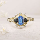Unique Long Hexagon Lab Sapphire and Black Onyx Leaf 18K Yellow Gold Engagement Ring  Wedding Ring for Women