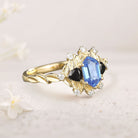 Unique Long Hexagon Lab Sapphire and Black Onyx Leaf 18K Yellow Gold Engagement Ring  Wedding Ring for Women
