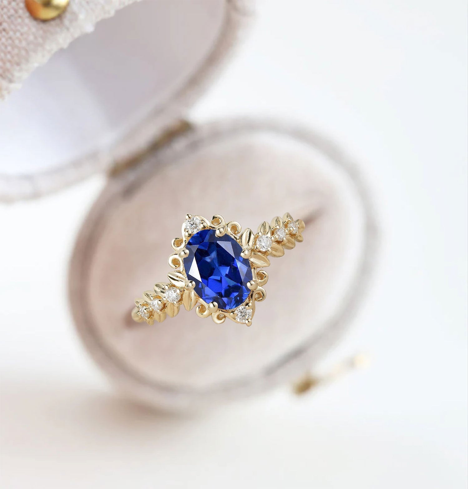 Unique Elegant Royal Blue Lab Sapphire Filigree Leaf 18K Yellow Gold Engagement Ring