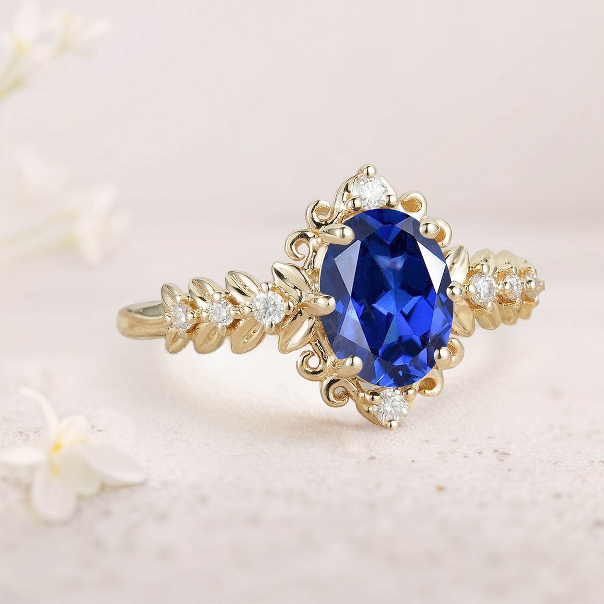 Unique Elegant Royal Blue Lab Sapphire Filigree Leaf 18K Yellow Gold Engagement Ring
