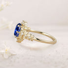 Unique Elegant Royal Blue Lab Sapphire Filigree Leaf 18K Yellow Gold Engagement Ring