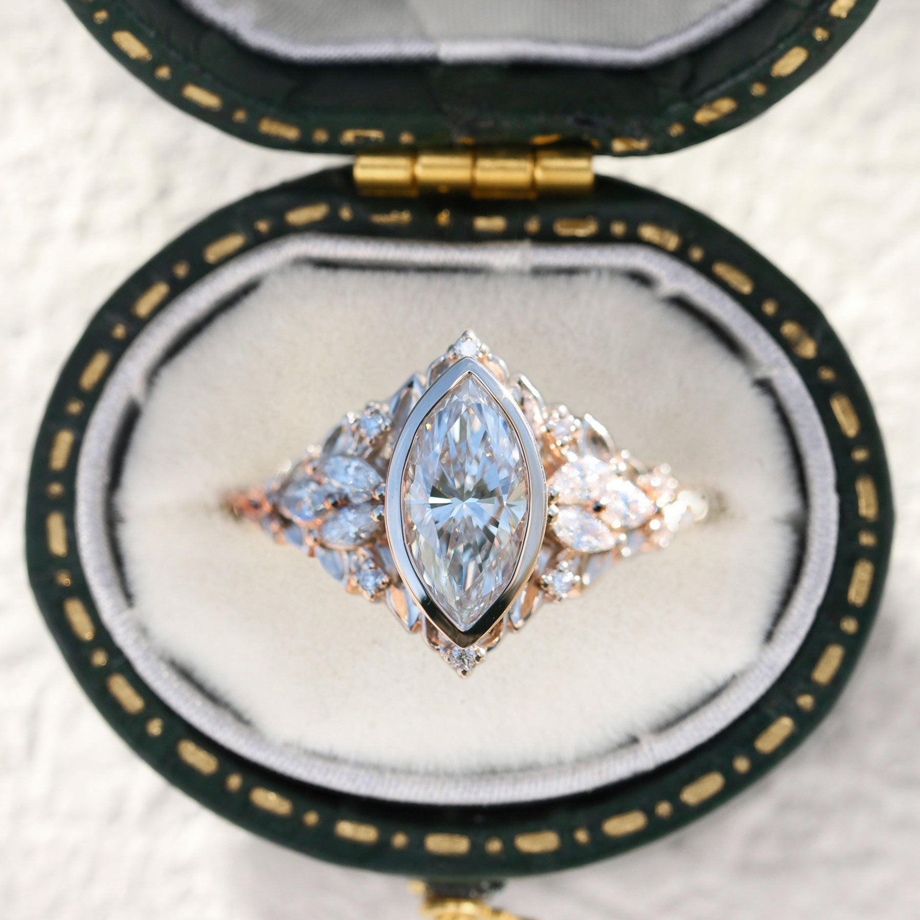 Unique Briar Rose Starlight Bezel Marquise Moissanite 18K Rose Gold Ring