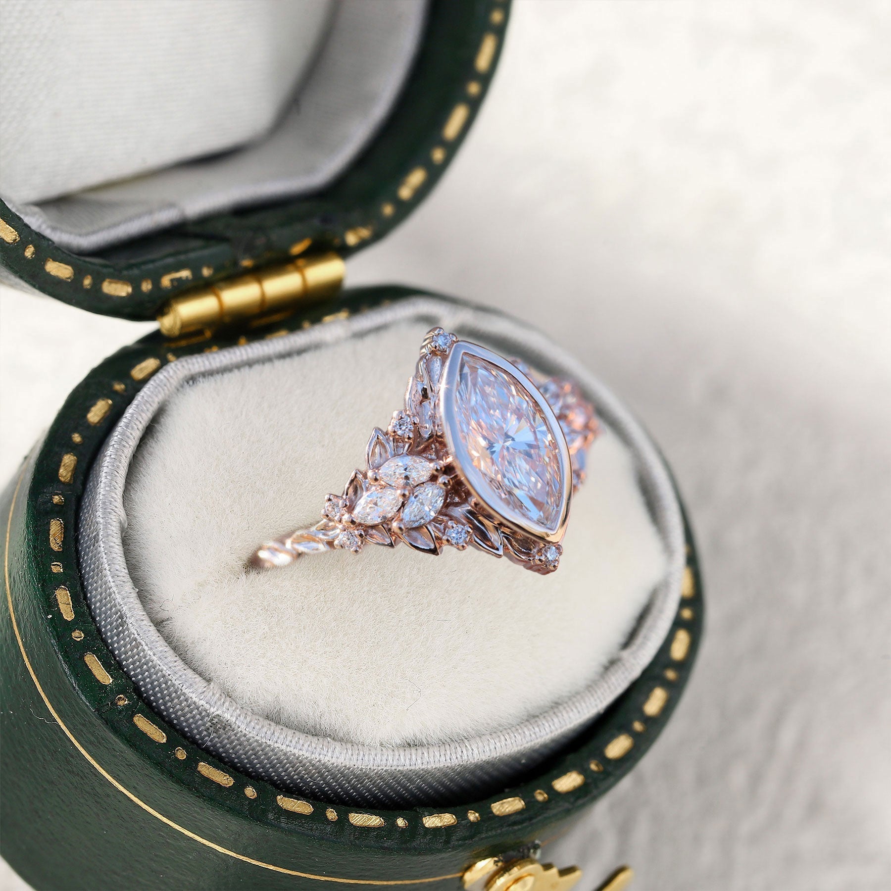 Unique Briar Rose Starlight Bezel Marquise Moissanite 18K Rose Gold Ring