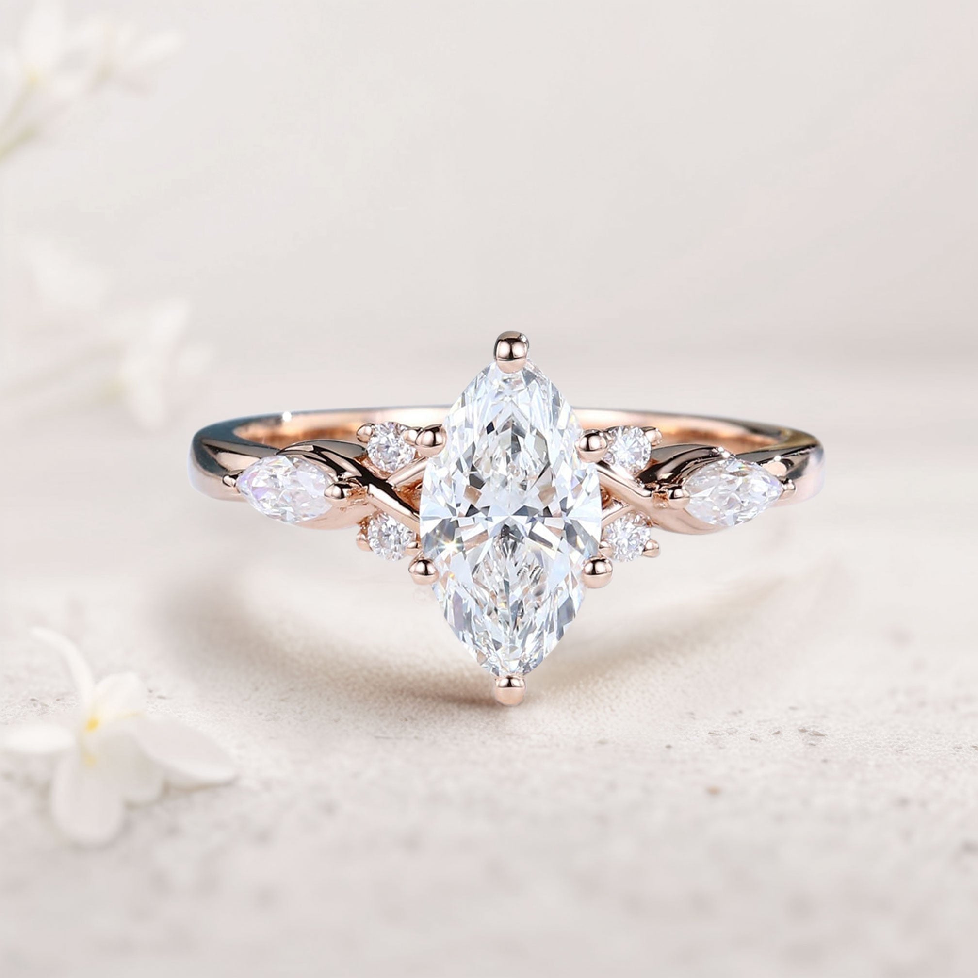Unique Marquise Moissanite 18K Rose Gold Engagement Ring Bridal Ring