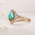 Unique Twig Kite Lab Emerald and Moissanite Bridal 18K Yellow Gold Ring Set