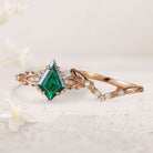 Unique Twig Kite Lab Emerald and Moissanite Bridal 18K Yellow Gold Ring Set