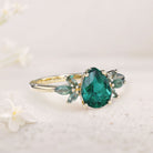 Unique Pear Lab Emerald Ring Petal Moss Agate Side Stones 18K Yellow Gold Engagement Ring 