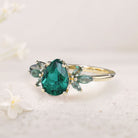 Unique Pear Lab Emerald Ring Petal Moss Agate Side Stones 18K Yellow Gold Engagement Ring 
