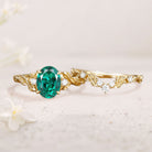 Unique floral engagement rings Oval Lab Emerald Leaf Branch 18K Yellow Gold Engagement Ring Set
