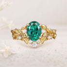 Unique floral engagement rings Oval Lab Emerald Leaf Branch 18K Yellow Gold Engagement Ring Set