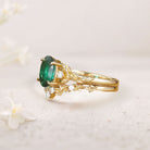 Unique floral engagement rings Oval Lab Emerald Leaf Branch 18K Yellow Gold Engagement Ring Set