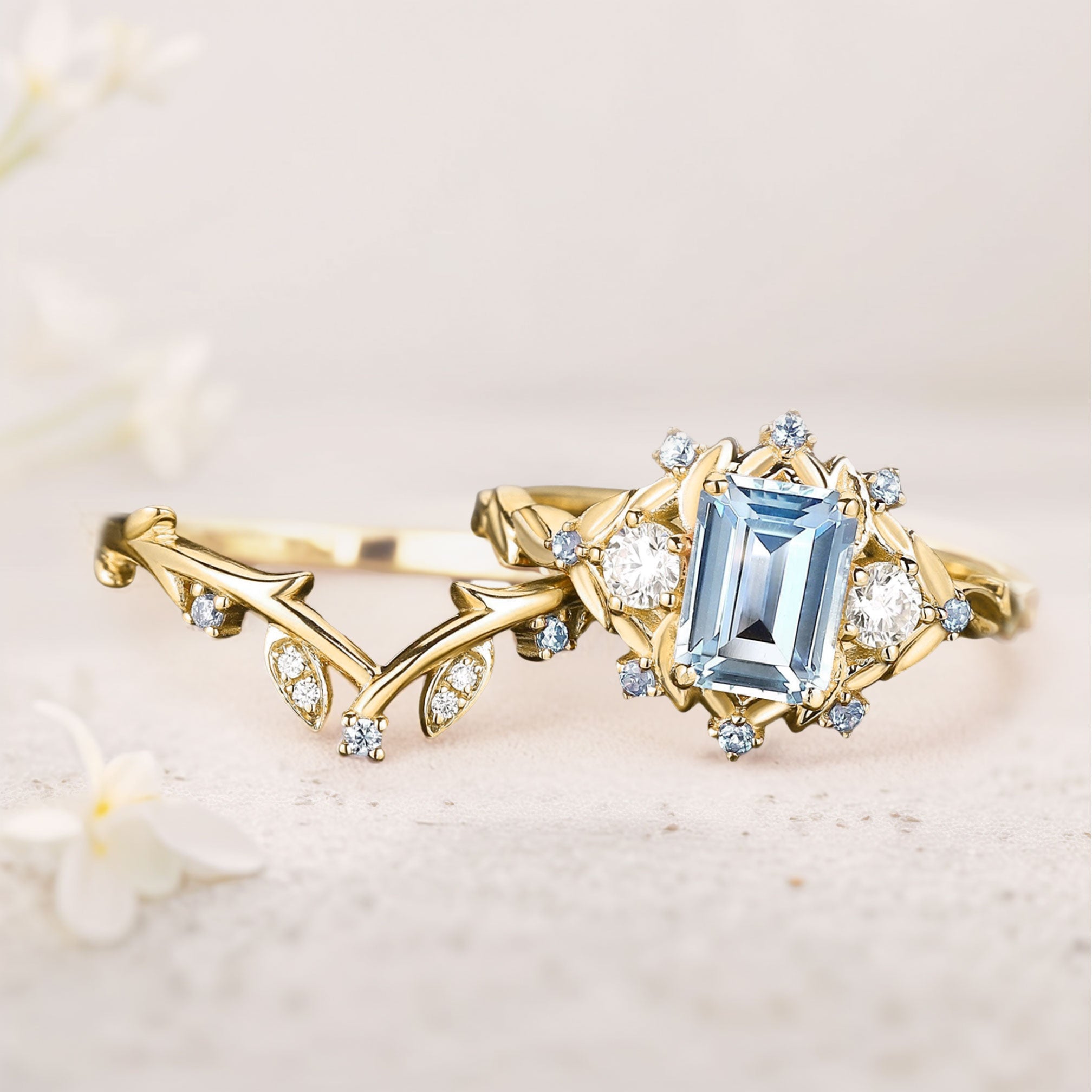 Unique floral engagement rings Emerald Cut Lab Aquamarine Floral 18K Yellow Gold Wedding Ring Promise Bridal Set