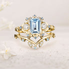 Unique floral engagement rings Emerald Cut Lab Aquamarine Floral 18K Yellow Gold Wedding Ring Promise Bridal Set