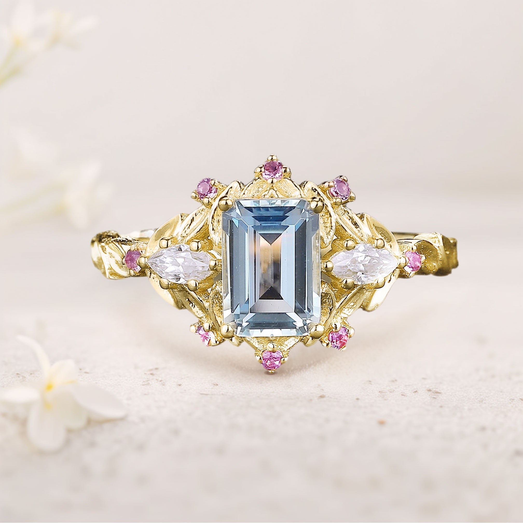 Unique floral engagement rings Emerald Cut Lab Aquamarine Engagement Ring Pink Sapphire Flower 18K Yellow Gold Wedding Ring