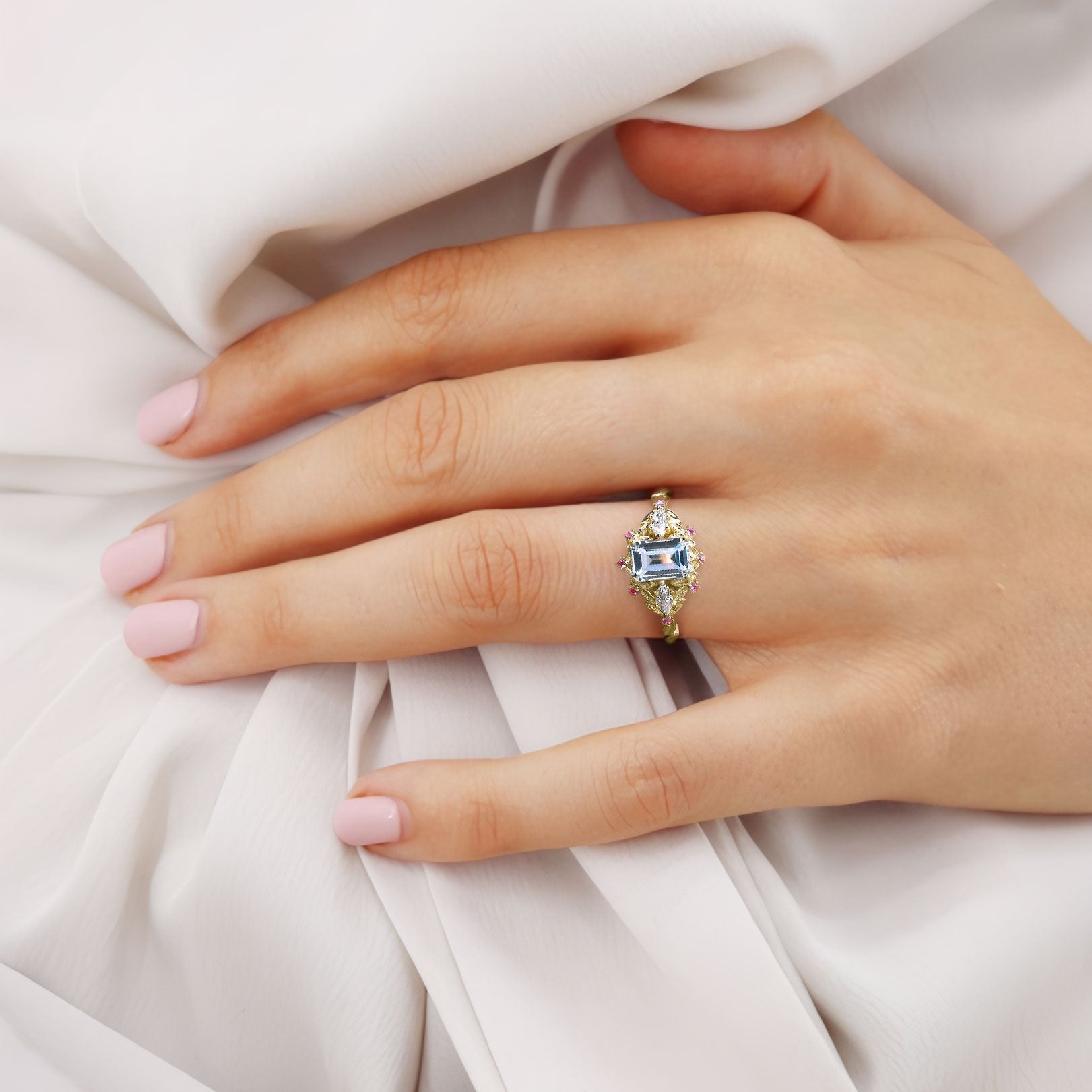 Unique floral engagement rings Emerald Cut Lab Aquamarine Engagement Ring Pink Sapphire Flower 18K Yellow Gold Wedding Ring