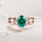 Vintage Oval Lab Emerald and Moissanite Curved 18K Yellow Gold Wedding Ring Set Bridal Ring Set