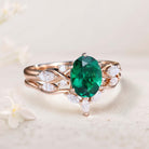 Vintage Oval Lab Emerald and Moissanite Curved 18K Yellow Gold Wedding Ring Set Bridal Ring Set