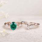 Vintage Oval Lab Emerald and Moissanite Curved 18K Yellow Gold Wedding Ring Set Bridal Ring Set