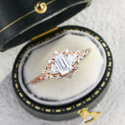 Unique Briar Rose Three Stone Emerald cut Moissanite 18K Rose Gold Ring