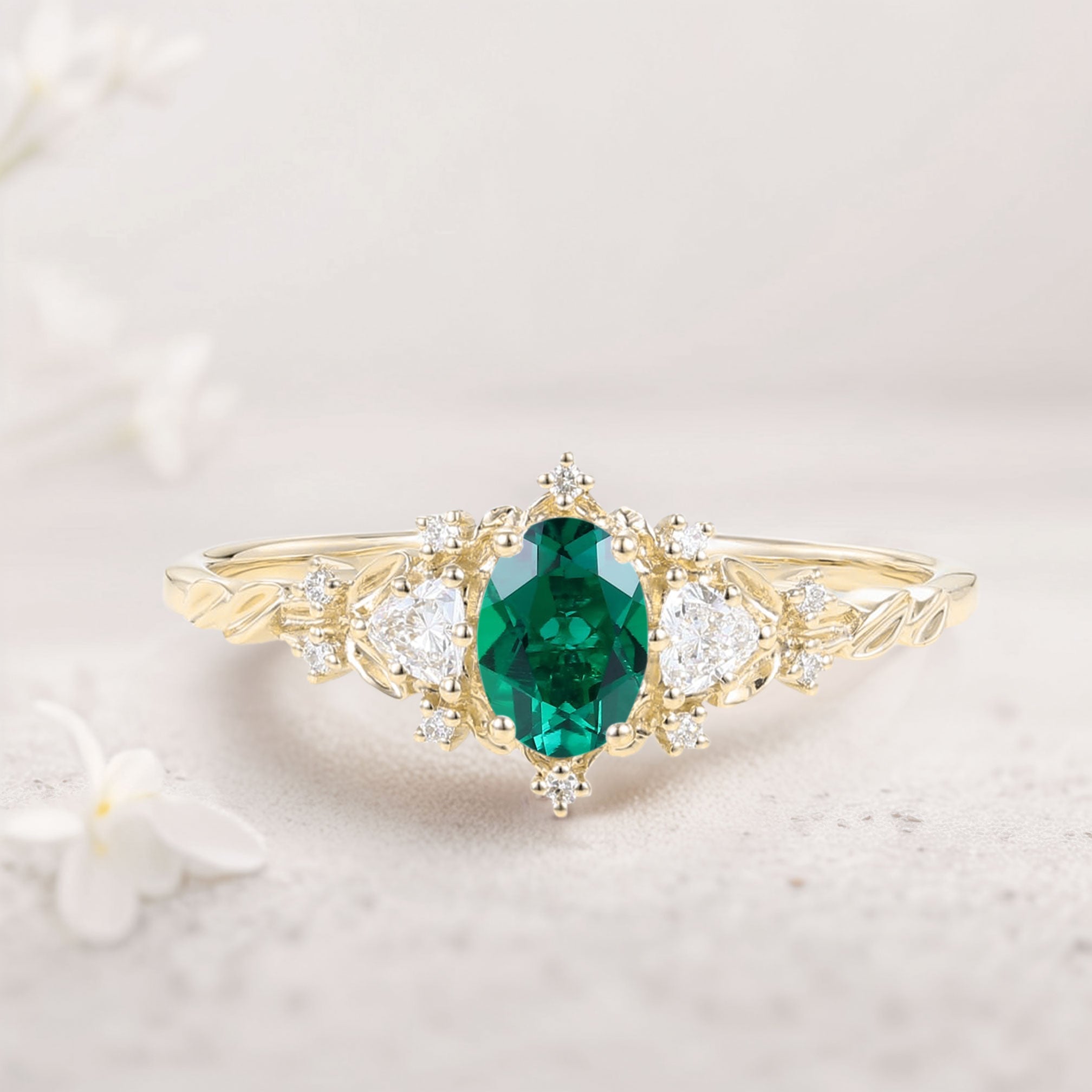 Classic Briar Rose Oval Lab Emerald Olive Leaves 18K Yellow Gold Engagement Ring Fairy Ring