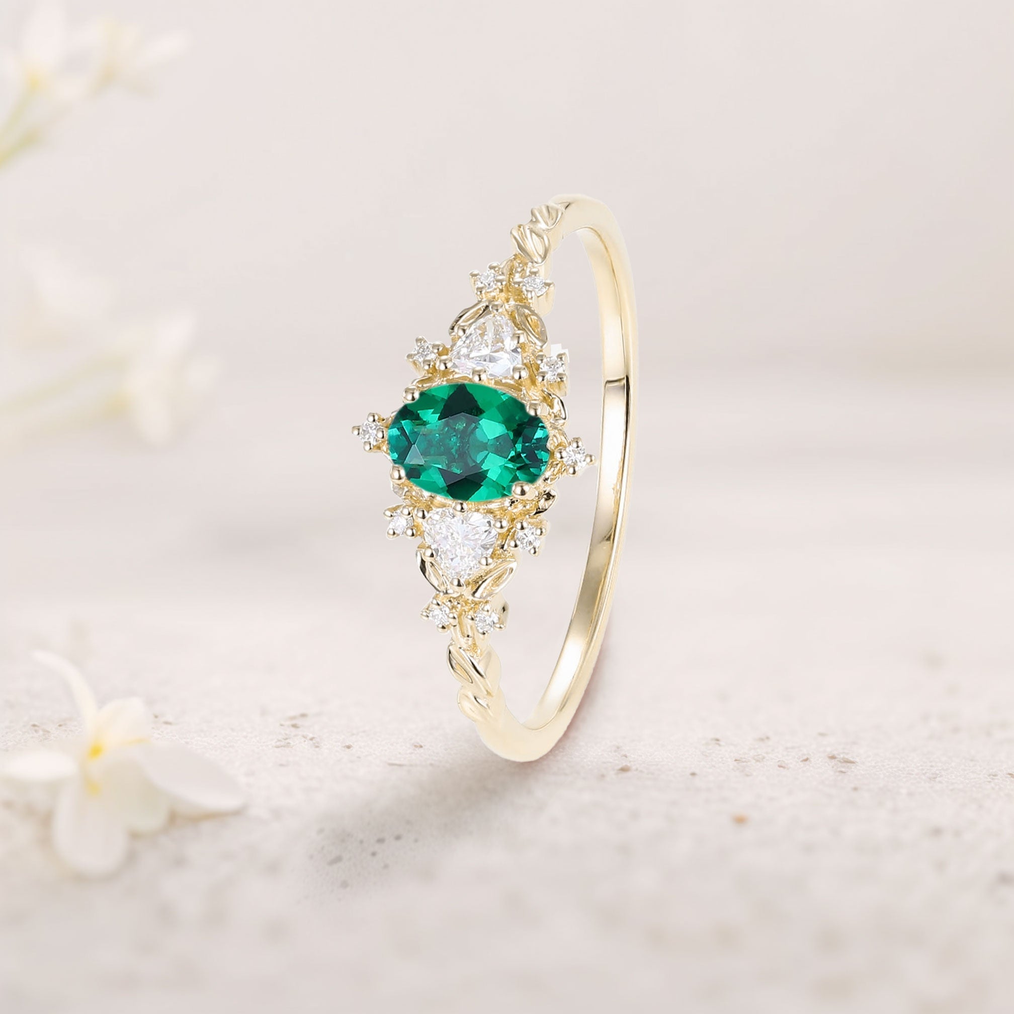 Classic Briar Rose Oval Lab Emerald Olive Leaves 18K Yellow Gold Engagement Ring Fairy Ring
