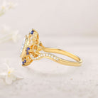 Unique floral engagement rings Halo Oval Moissanite and Lab Sapphire 18K Yellow Gold Twis Ring