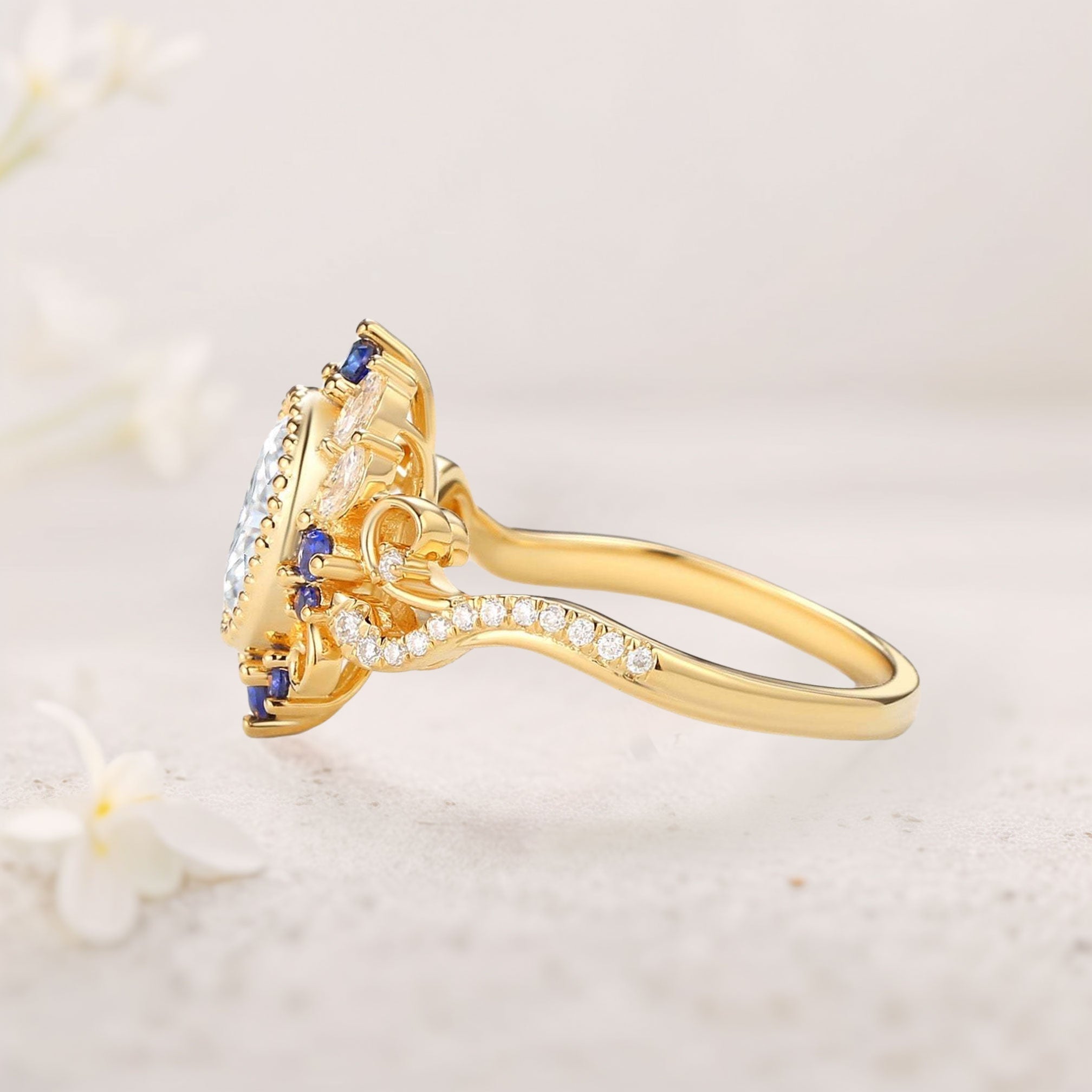 Unique floral engagement rings Halo Oval Moissanite and Lab Sapphire 18K Yellow Gold Twis Ring