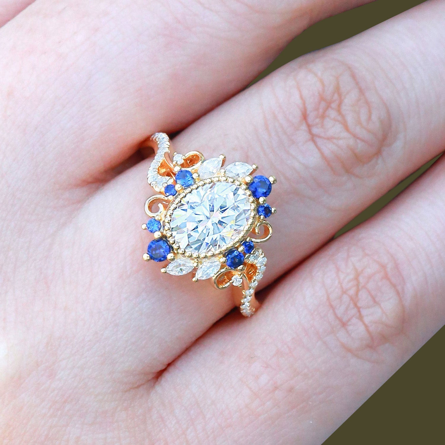 Unique floral engagement rings Halo Oval Moissanite and Lab Sapphire 18K Yellow Gold Twis Ring