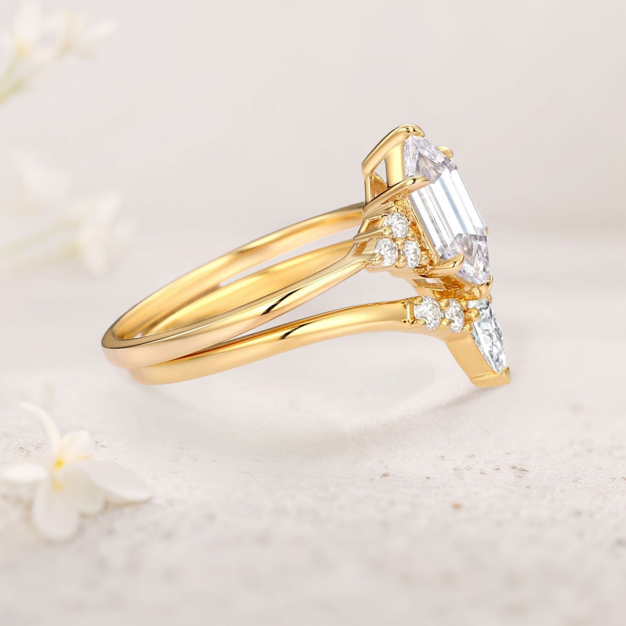 Unique floral engagement rings Long Hexagon Moissanite 18K Yellow Gold Wedding Ring Set Bridal Ring Set