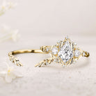 Unique floral engagement rings Kite Moissanite Engagement Ring Set Flower Bridal Set Leaf 18K Yellow Gold Wedding Ring