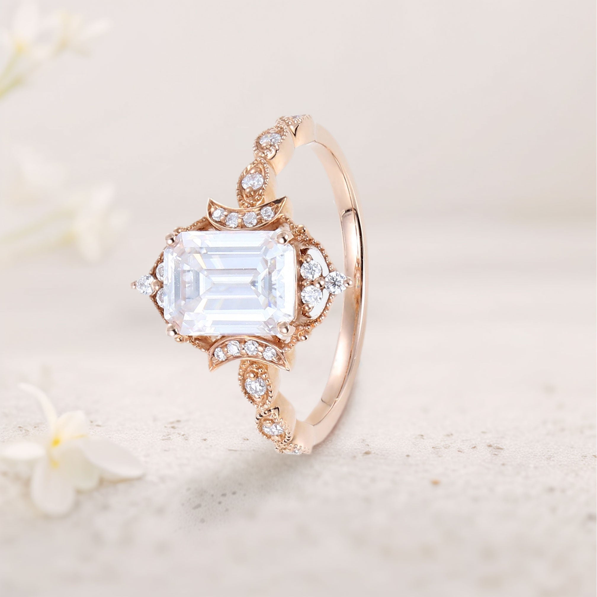 Vintage Emerald Moissanite 18K Rose Gold Engagement Ring Whimsical Charm Bridal Ring