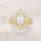 Vintage floral engagement rings Oval Moissanite 18K Yellow Gold Cage Flower Ring Set Bridal Ring Set