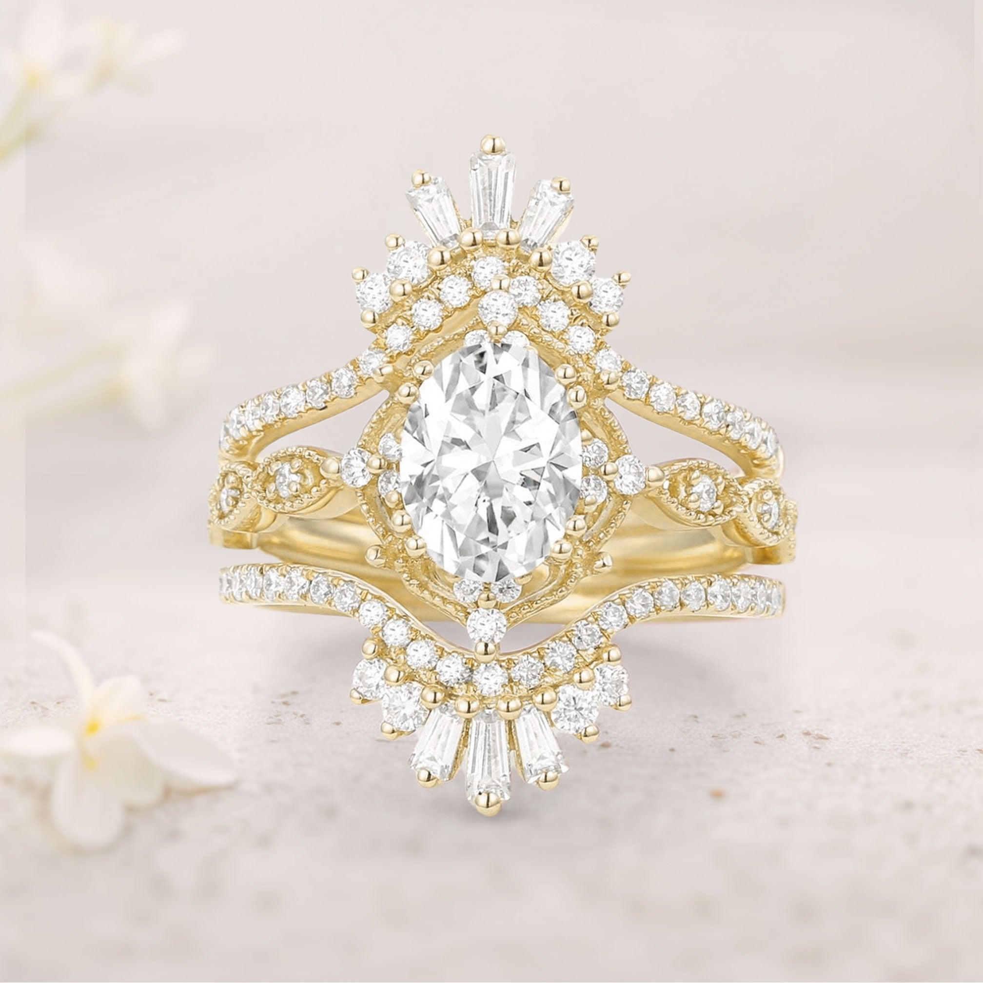 Vintage floral engagement rings Oval Moissanite 18K Yellow Gold Cage Flower Ring Set Bridal Ring Set