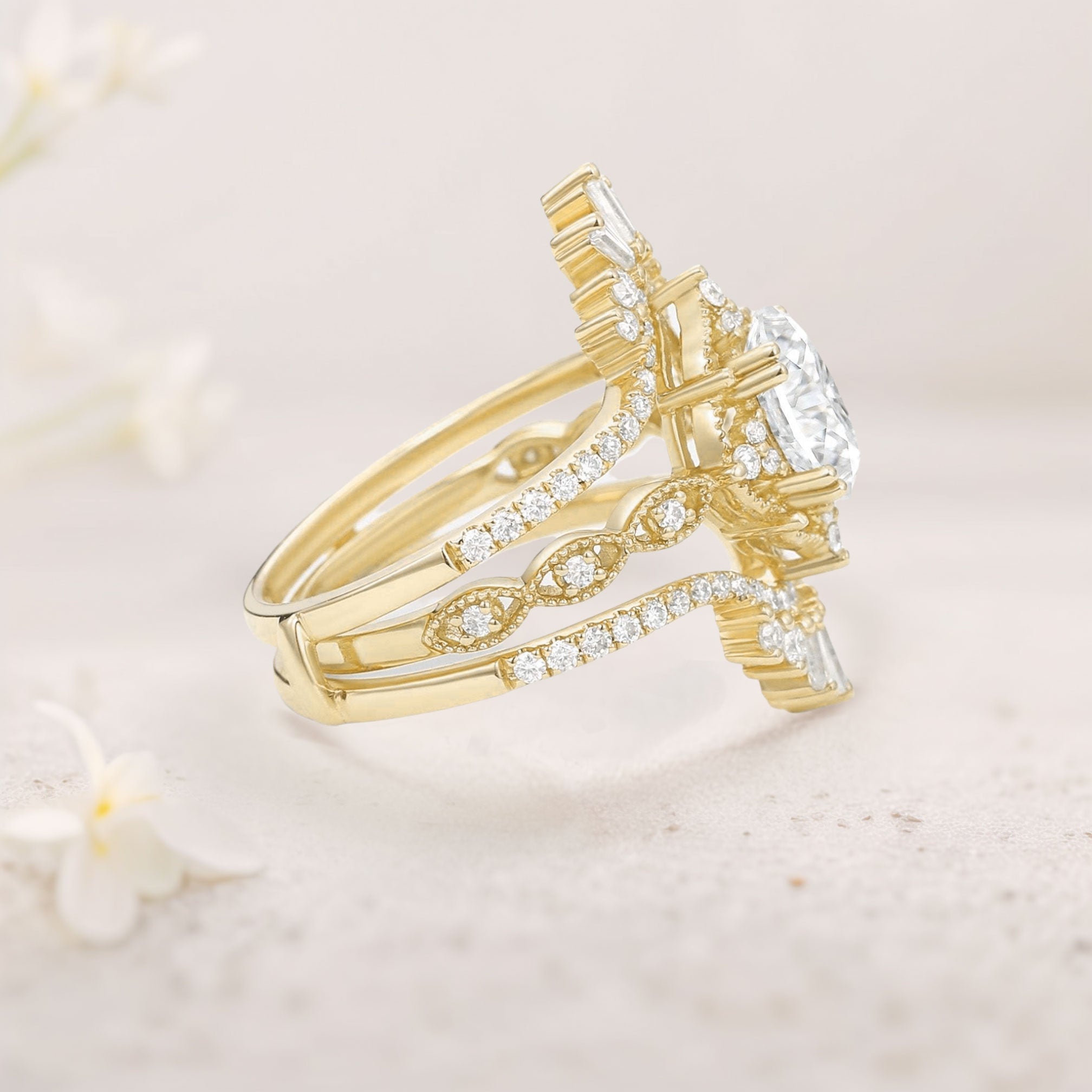 Vintage floral engagement rings Oval Moissanite 18K Yellow Gold Cage Flower Ring Set Bridal Ring Set