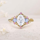 Unique Three Stone Oval Moissanite and Blue Sapphire 18K Yellow Gold Engagement Ring