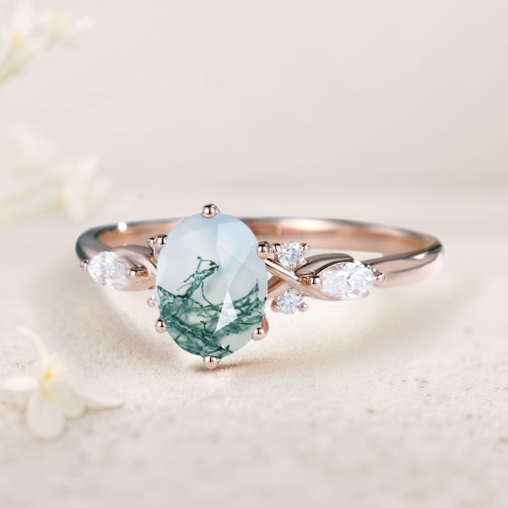 Vintage Oval Moss Agate and Moissanite 18K Rose Gold Engagement Ring