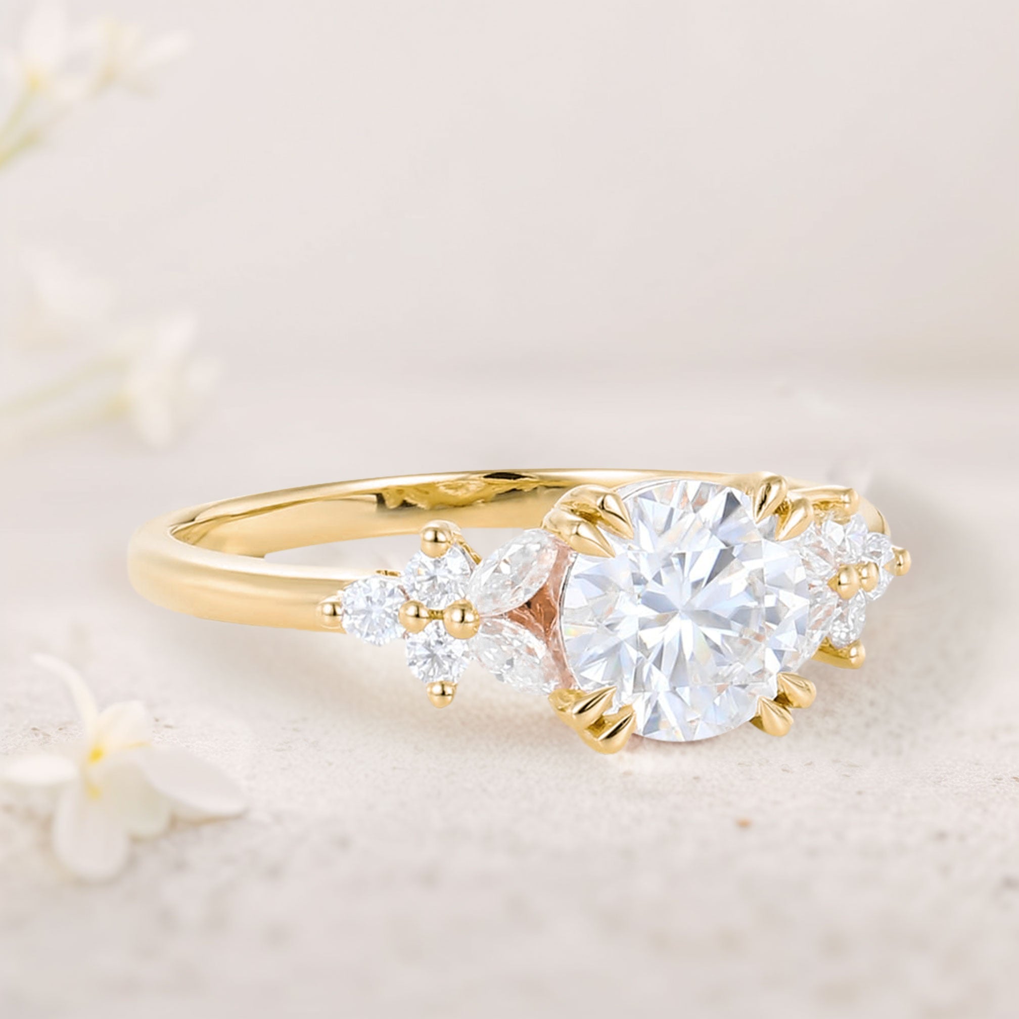 Unique Round Moissanite Floral Cluster 18K Yellow Gold Engagement Rings Double Prong Bridal Ring