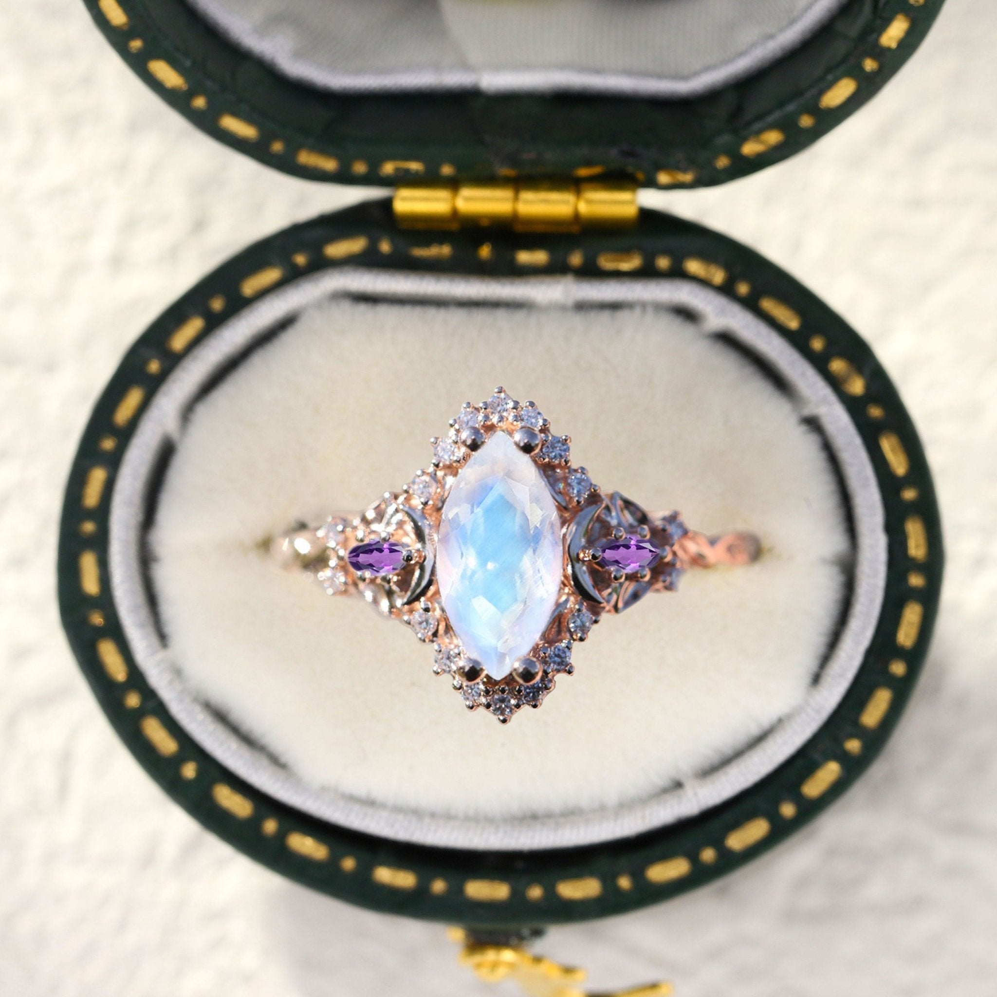 Customize your own Unique floral engagement rings Moon three stone Half Halo Marquise Lab Moonstone 18K Yellow Gold Ring