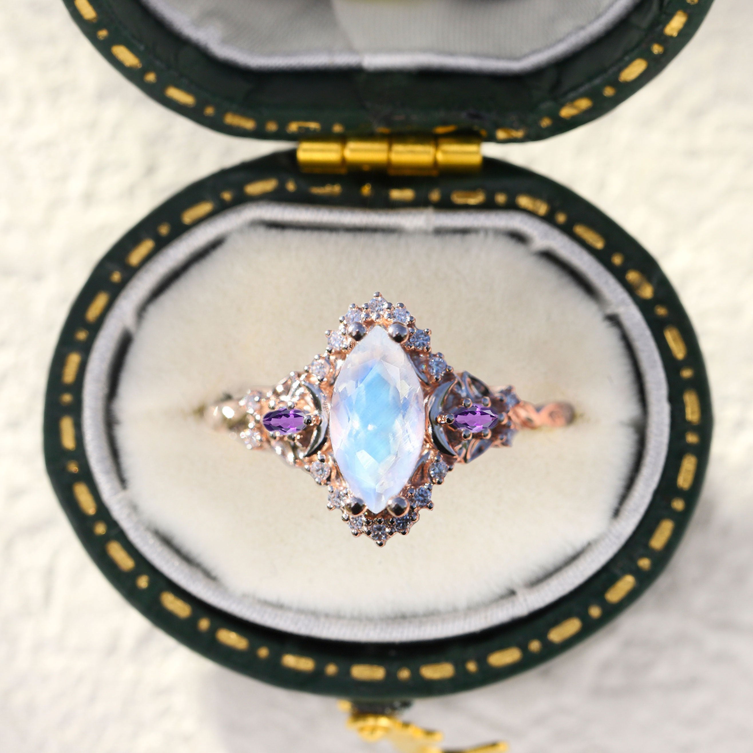 Customize your own Unique floral engagement rings Moon three stone Half Halo Marquise Lab Moonstone 18K Yellow Gold Ring