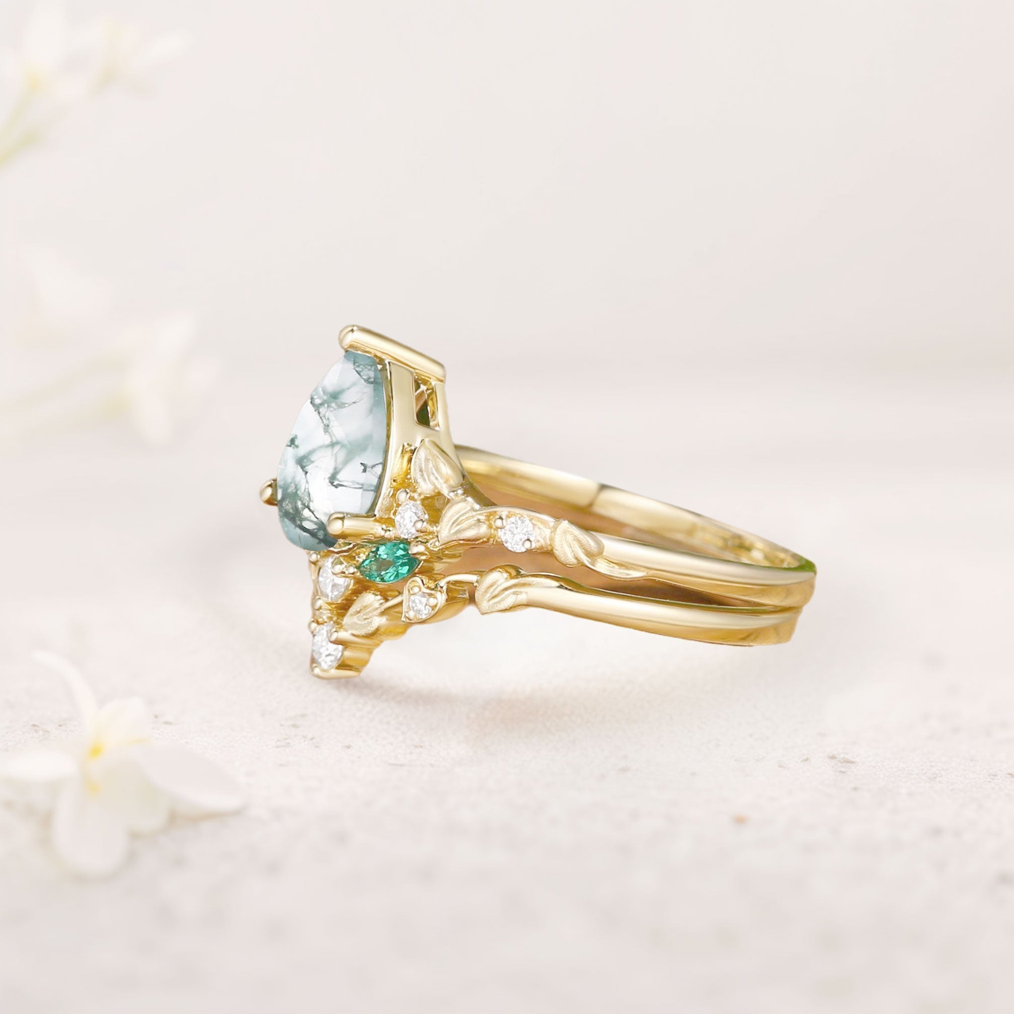 Unique floral engagement rings Leaf Pear Moss Agate 18K Yellow Gold Engagement Ring Set